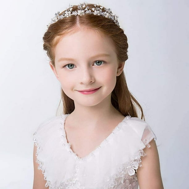 Tocado de niña de las flores para la boda Princesa Boda Diadema Chica Perlas Pedazo de cabello para niña Accesorio para el cabello Banquete de boda Velo de primera comunión