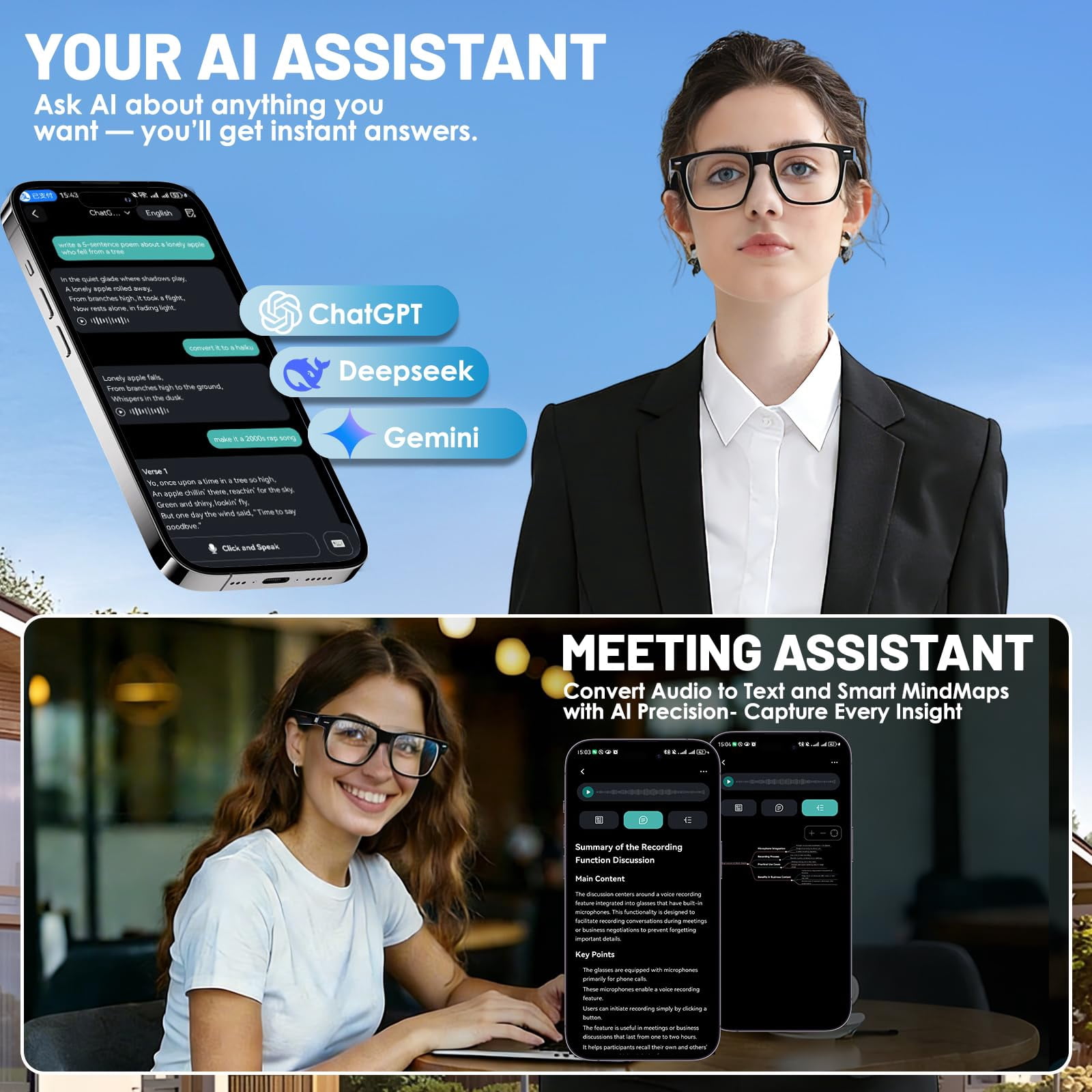 AI Smart Glasses for Men & Women – Powered by ChatGPT, 164+ Languages Translation and Photochromic Lens, Meeting Assistant, Bluetooth Glasses w/ Music & Hands-Free Calling, UV & Blue Light Protection