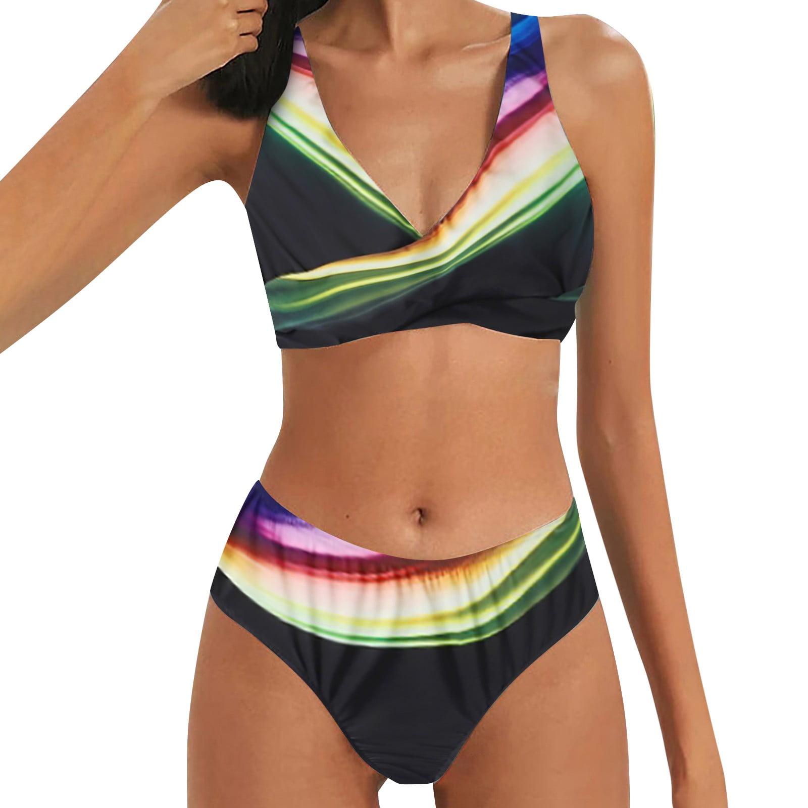 TOWED22 Women Two Piece High Waisted Bikini Set Ruffle Swimsuit Flounce Trim Bathing Suit F XL