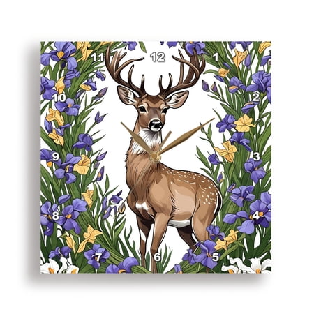 3dRose, Michigan White Tailed Deer With Iris Flower , 15x15 Wall Clock