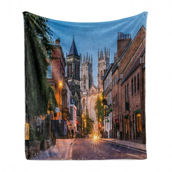 Gothic Soft Flannel Fleece Throw Blanket, York Minster View in Evening Cityscape Historical Landmark Street in the England, Cozy Plush for Indoor and Outdoor Use, 50" x 70", Multicolor, by Ambesonne