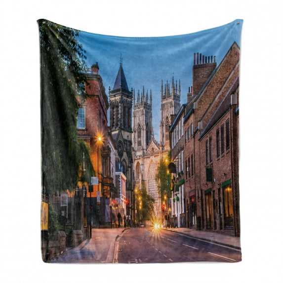 Gothic Soft Flannel Fleece Throw Blanket, York Minster View in Evening Cityscape Historical Landmark Street in the England, Cozy Plush for Indoor and Outdoor Use, 60" x 80", Multicolor, by Ambesonne