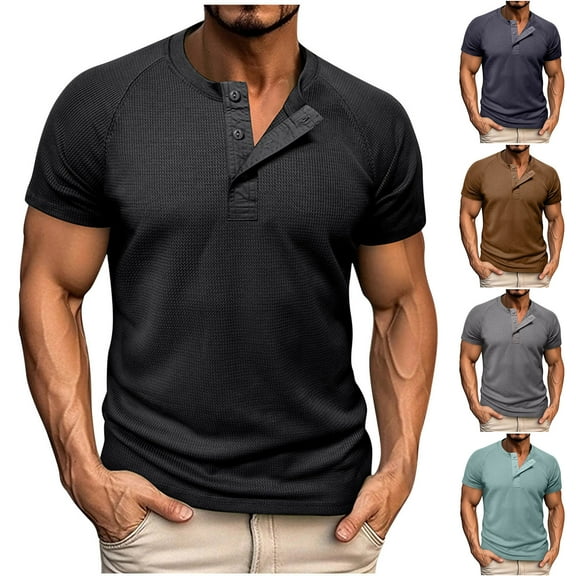 BXINGOHAI Mens Henley Shirts Short Sleeve Waffle Knit Tee Shirts Fashion Button Spring Summer Shirts with Pocket Black,S