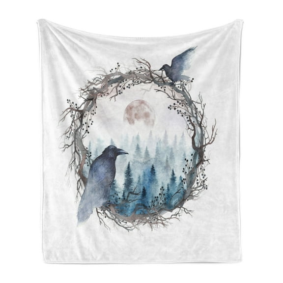 Nature Soft Flannel Fleece Blanket, Foggy Forest Crow Full Moon Watercolor Bare Branches on Plain Background, Cozy Plush for Indoor and Outdoor Use, 50" x 70", Blue Grey Pale Salmon, by Ambesonne