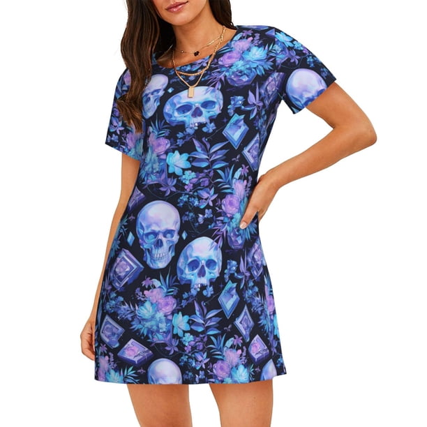 Disketp Skull blue crystal flower para Camisón Corto de Manga Corta para Mujeres, Camisón Cómodo con Escote Redondo, Bonito y Confortable