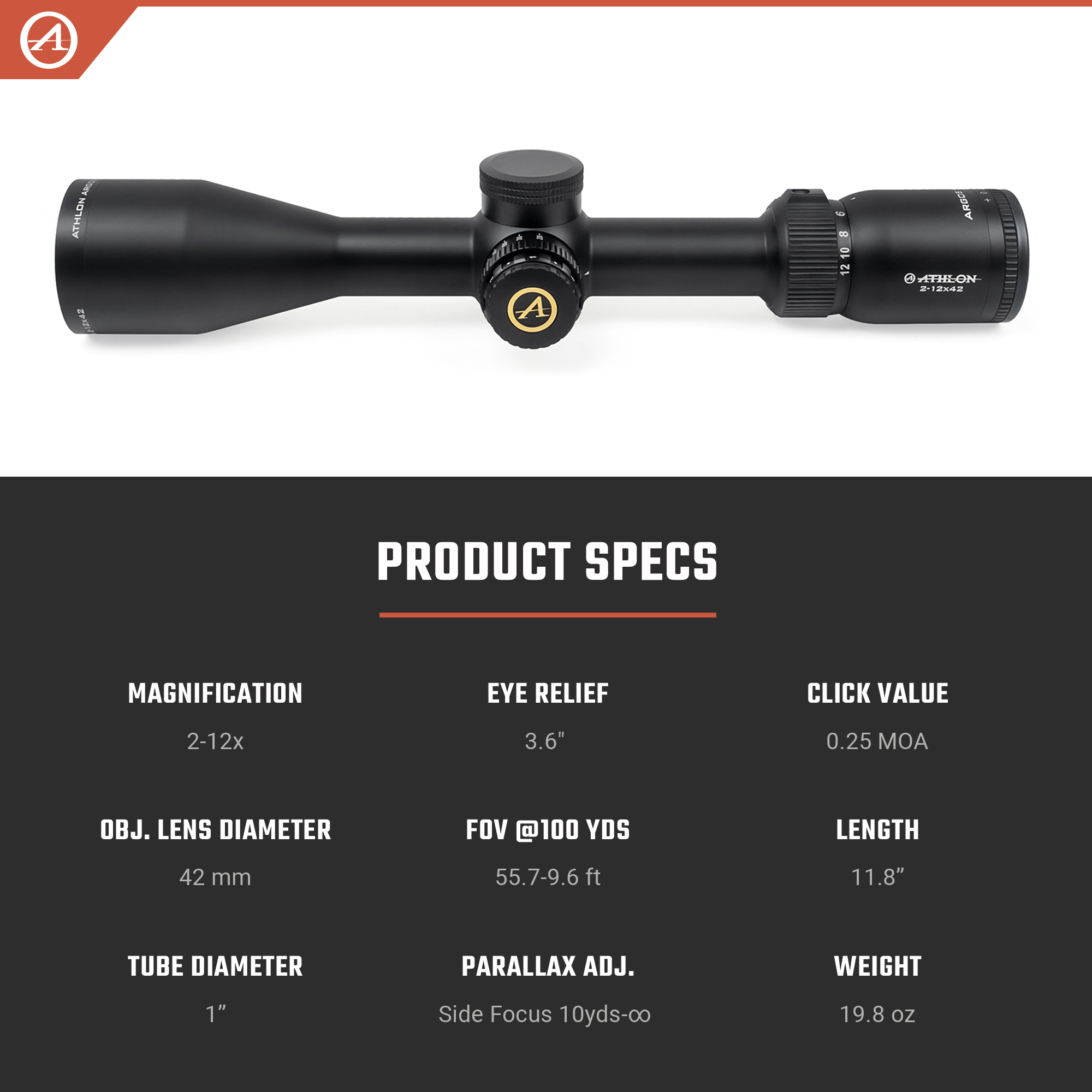 Athlon Optics Argos HMR Rifle Scope 2-12x 42mm Illuminated BDC 600A Reticle Matte Black