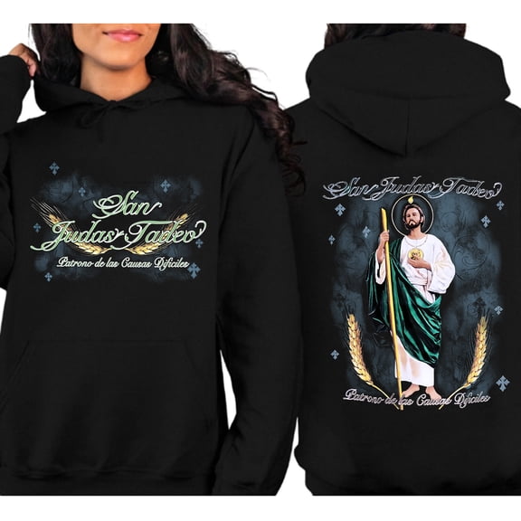 San Judas Tadeo Double Sided Hoodie – Saint Jude Catholic Graphic Hoodie, Religious Faith Pullover for Men & Women, Devotional Unisex Apparel Gift