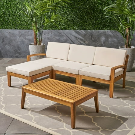 Noble House Grenada Outdoor 3 Seat Acacia Wood Sectional Sofa Set Teak/Beige