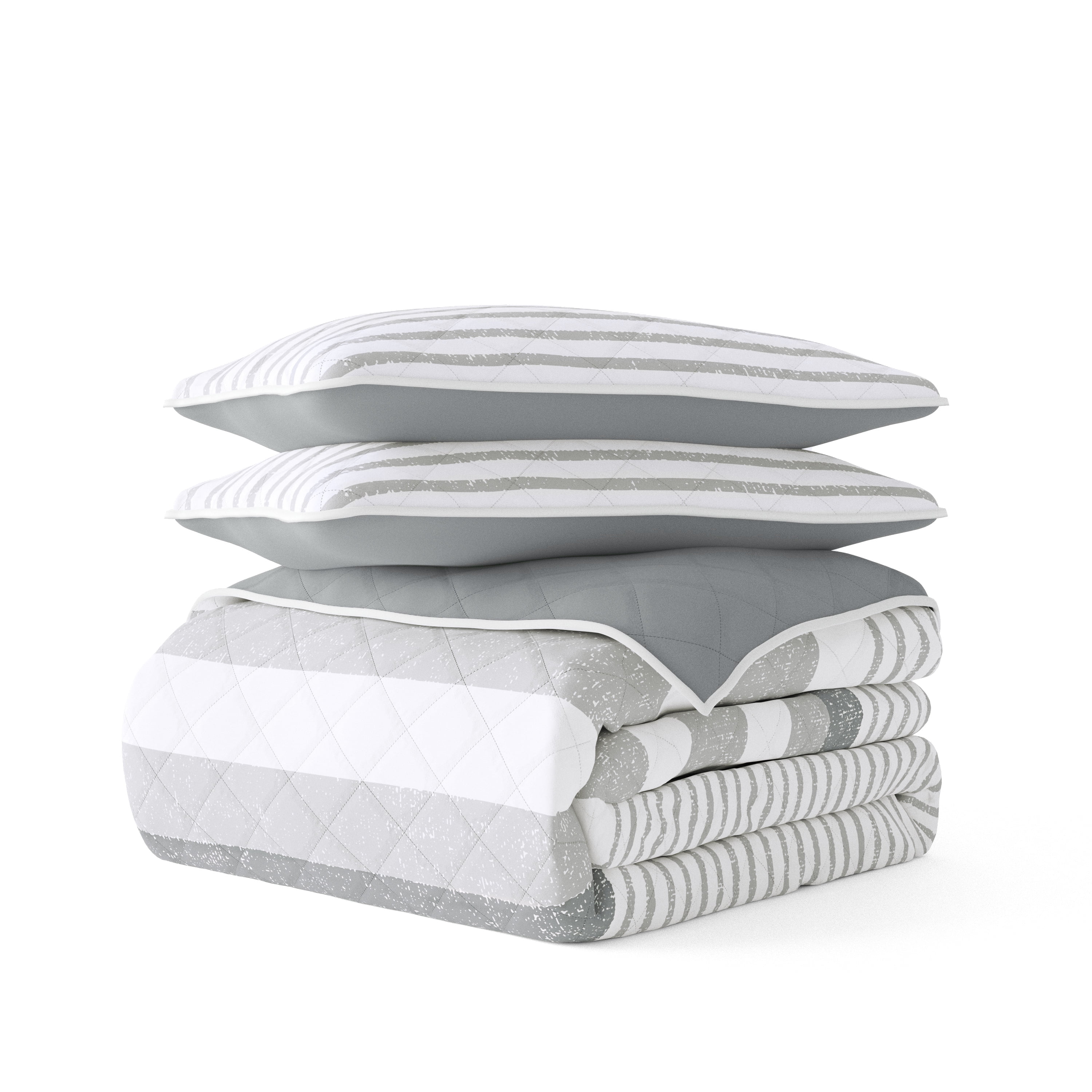 Noble Linens Light Grey 3 Piece Summer Stripes Reversible Microfiber Quilt Set, King / CalKing