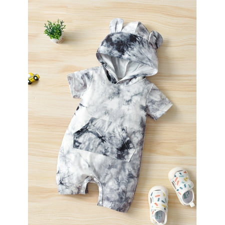 

Short Sleeve Baby Tie Dye Kangaroo Pocket 3D Ear Design Hooded Jumpsuit Romper S221904X Multicolor 62(1-3M)