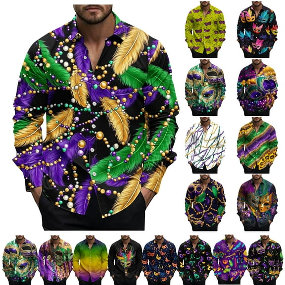 lcziwo Mardi Gras Outfit for Men 2025 Long Sleeve Casual Button Down Shirts Carnival Mask Graphic Button-Up Shirt Novelty Funny Holiday Party Shirts Multicolor XXL
