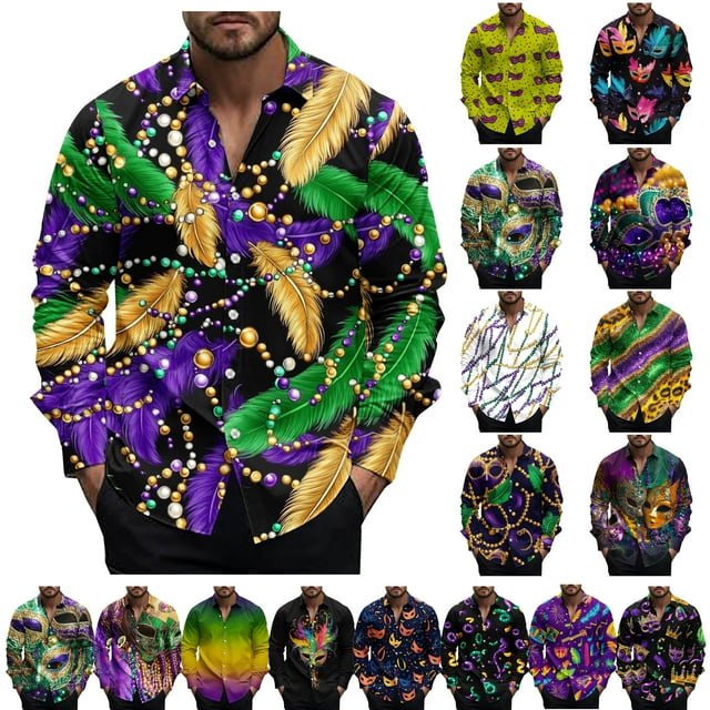 VBTAPA Chemises de Mardi Gras pour Hommes à Manches Longues, Chemise Boutonnée à Imprimé Graphique de Masque Fantaisie, Blouse de Fête Mardi Carnaval, Hauts Mode Décontractés à Col à Revers, Offres du Jour Prime Multicolore TG