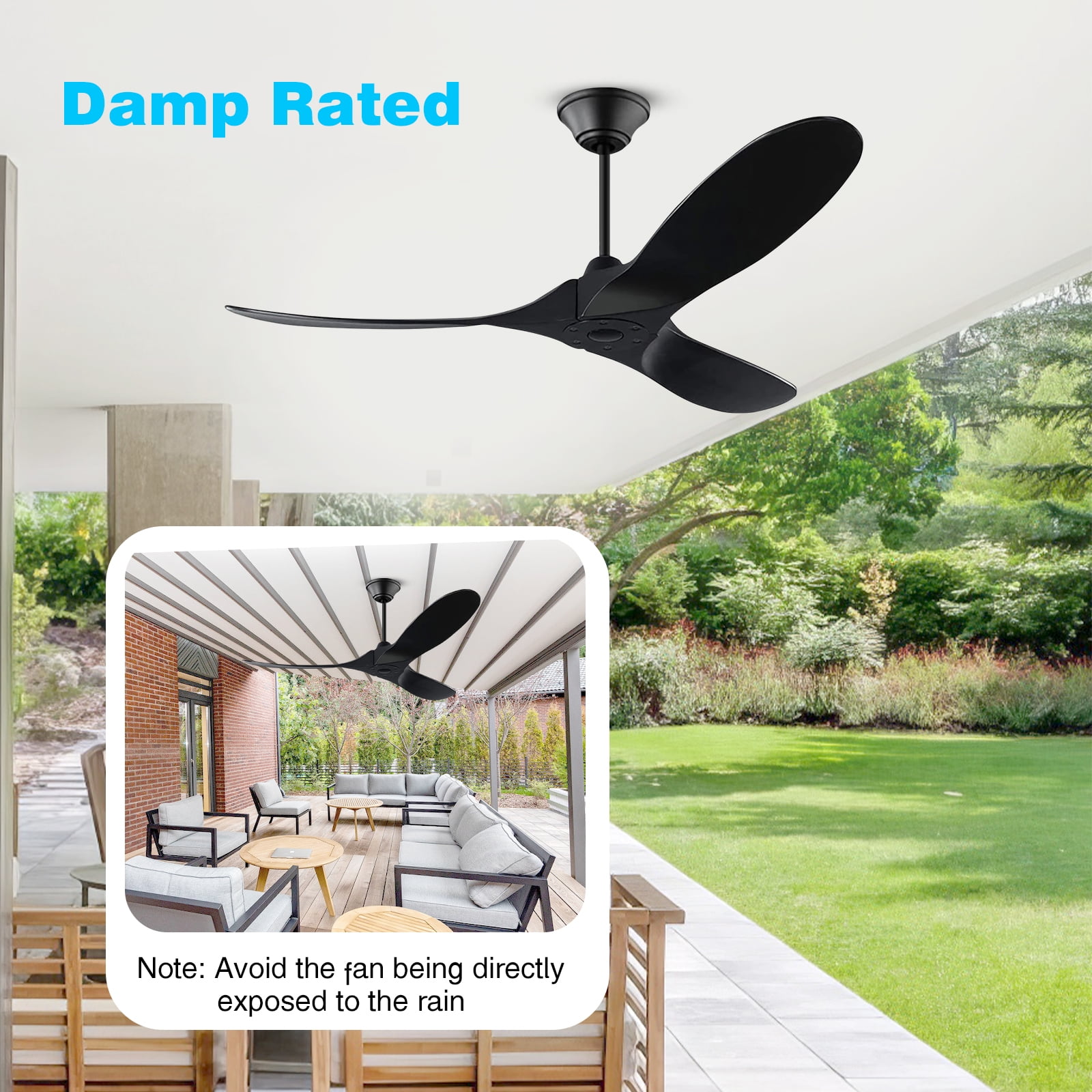 60 inch Modern Black Outdoor Ceiling Fan with Remote, No Light, Quiet Reversible DC Motor