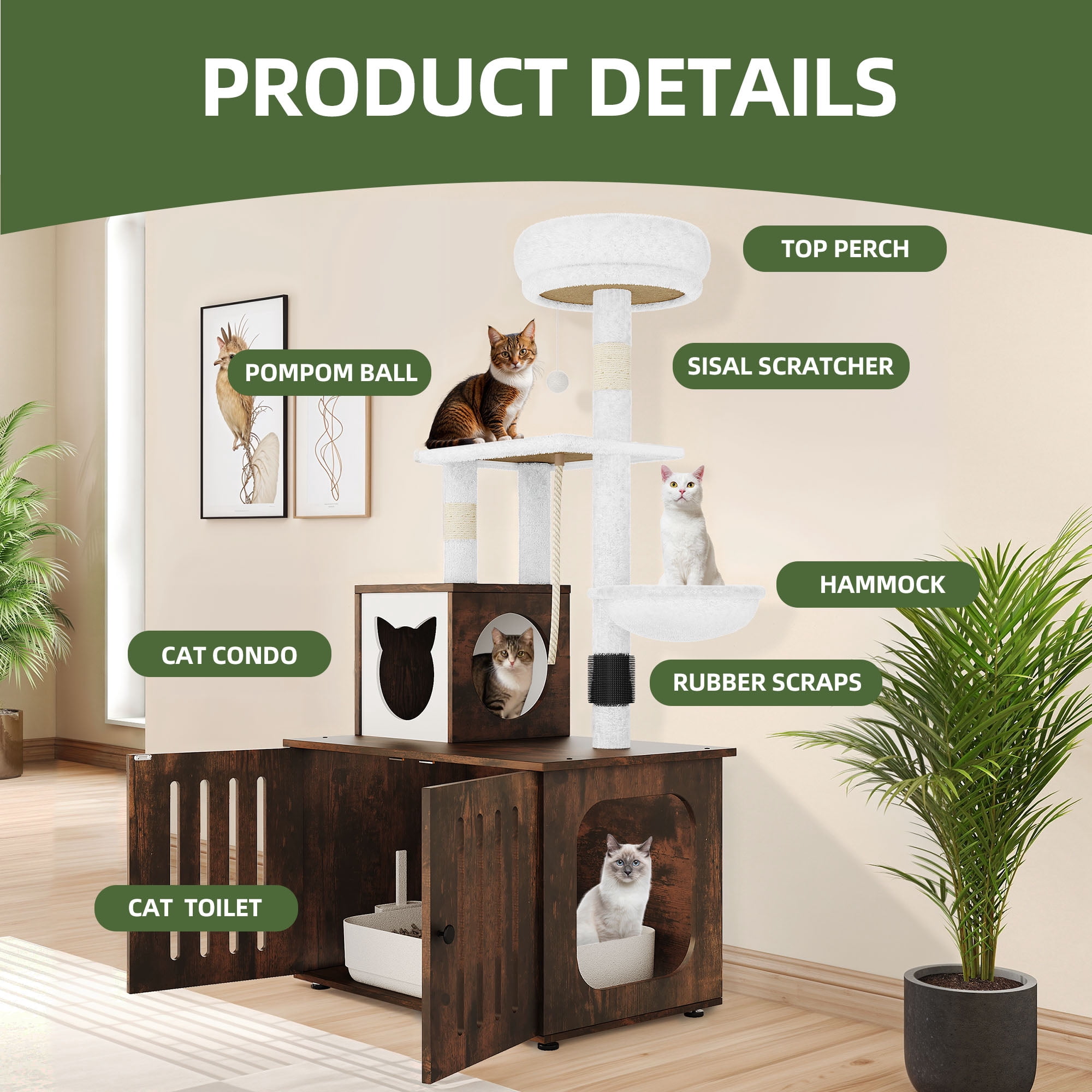 Uforic Cat Tree with Litter Box Enclosure, 2-in-1 Modern Cat Tower Combo, 53.5" Hidden Litter Box Furniture, Rustic Brown