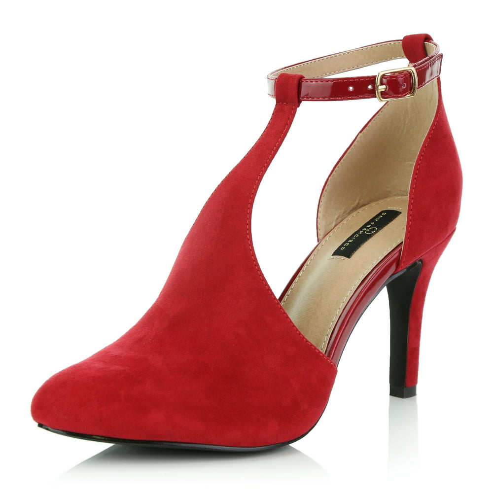 Dailyshoes Dailyshoes Womens Pointed Toe Ankle T Strap Party High Heel Pumps Shoes Red Suede 