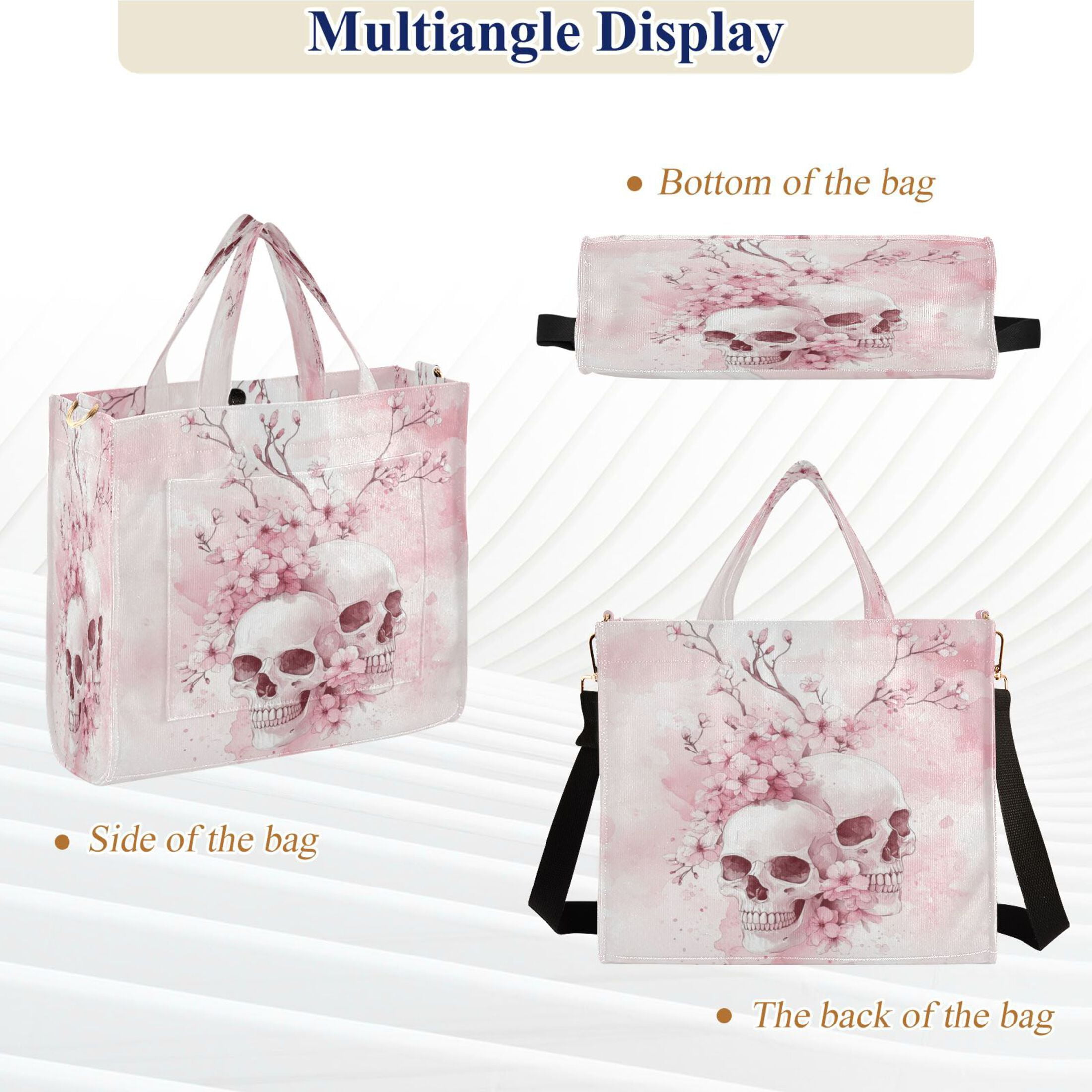 Wobogo Pink Skulls Corduroy Tote Bag for Women Travel Crossbody Bag Purse Women Shoulder Bags Work Handbags Daily Commuter Bag 13.7×12.2inch