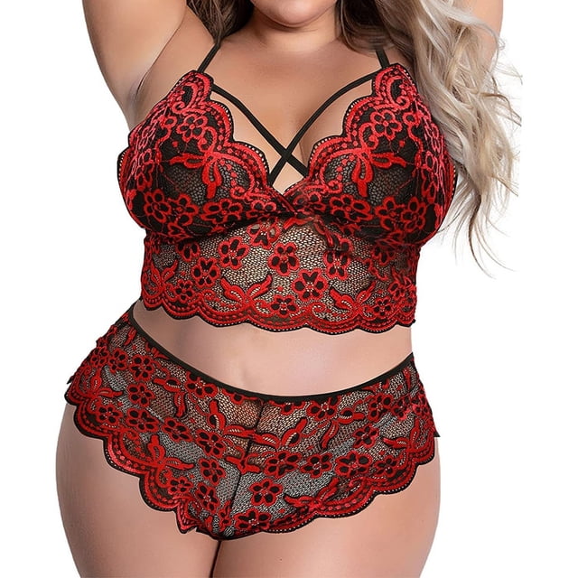Gibobby Lenceria mujer sexy Conjunto de lencería sexy de encaje suave para mujer, ropa interior transparente con aros de encaje floral(Rojo, 4XG)