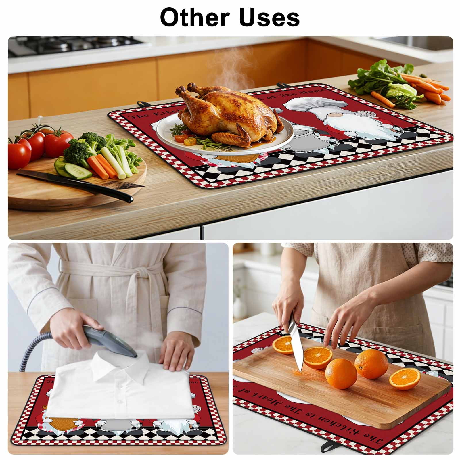 Red Chef Gnomes Stove Top Cover for Electric Stove, Heat-proof & Non Slip Glass Top Stove Cover Protector, Farmhouse Red White Plaid Kitchen Flat Cooktop Rubber Mat 28.5x20.5 Inches
