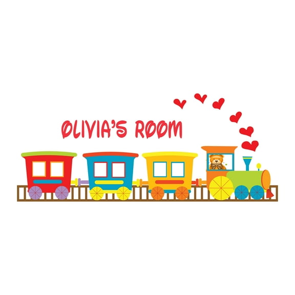 Personalized Name Cartoon Wall Decal Teddy Driving Colourful Train Custom Name Bedroom Wall Decal for boys and girls Train Themed Kids Room Decal - Size: 10 In x 4 In