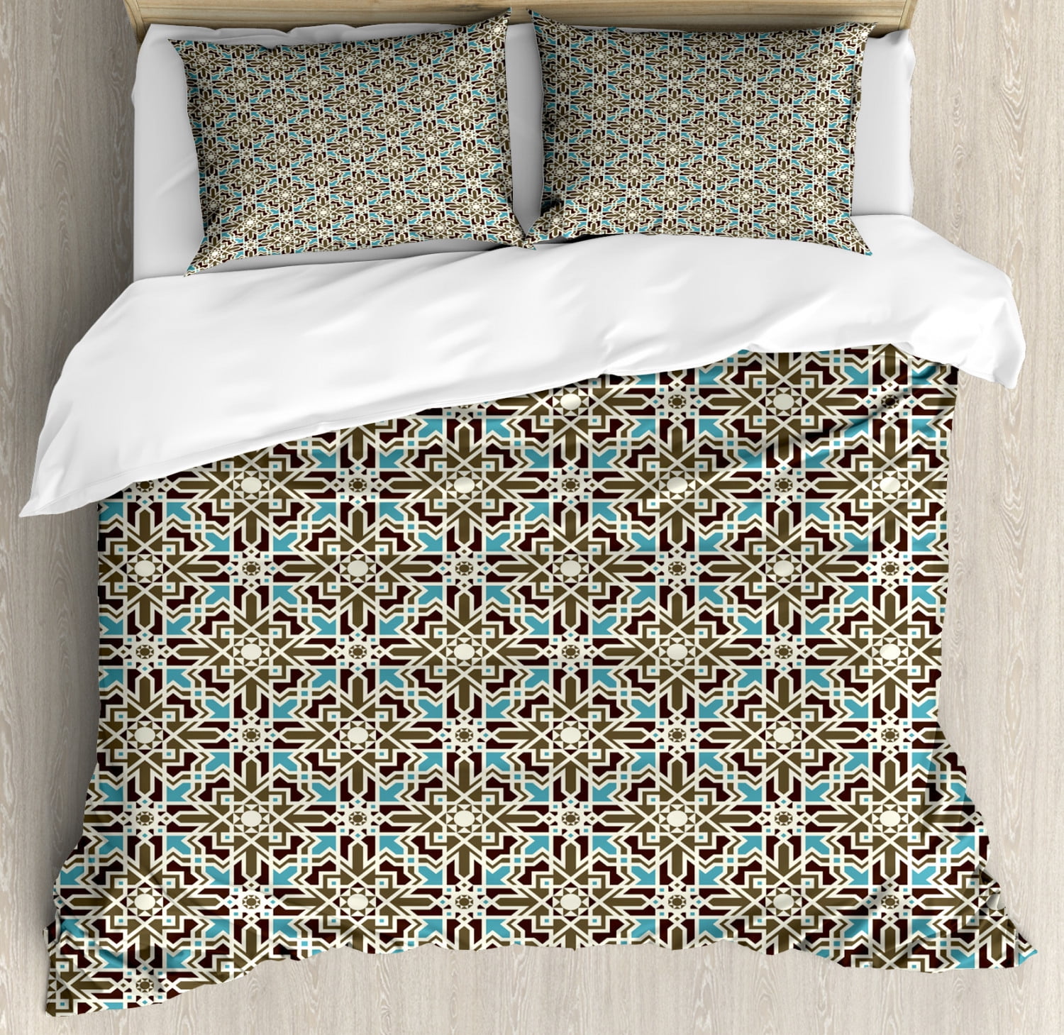Brown and Blue Duvet Cover Set Queen Size, Arabesque Middle Eastern Inspired Moroccan Star ...