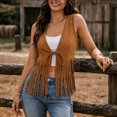 thumbnail image 3 of Women's Faux Suede Fringe Vest Tie Front V Neck Sleeveless Cropped Tassel Trim Boho Western Cowgirl Style Summer Festival Concert Outwear Brown, 3 of 3
