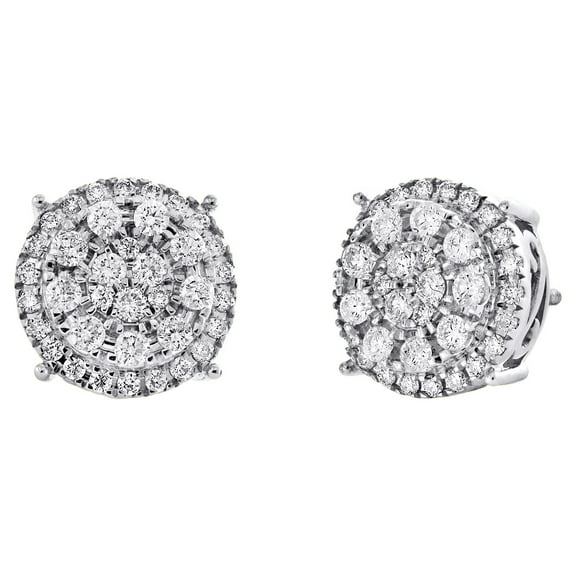 10K White Gold Round Diamond 4 Prong Tiered Stud 12mm Cluster Earrings 1.27 CT.