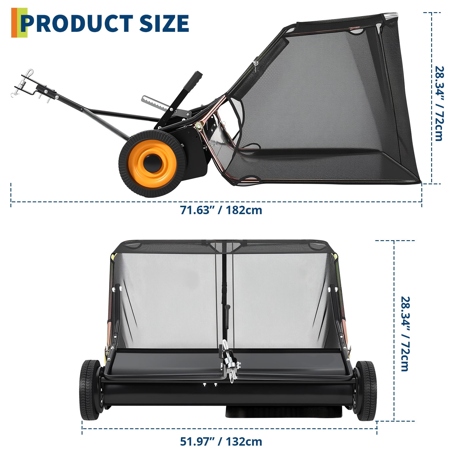 Gaderth 44" Tow-Behind Lawn Sweeper, 26 cu. ft Hopper Bag Capacity; Leaf & Grass Catcher, with Adjustable Brush Height and Easy to Use Dumping Rope, Lawn and Yard Cleanup Tool