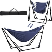 Hammock with Foldable Stand, 2 in 1 Hammock and Swinging Chair with Carrying Bag, Portable Camping Chair Suitable for Outside, Swing,Patio,Garden,Camping Trip Blue