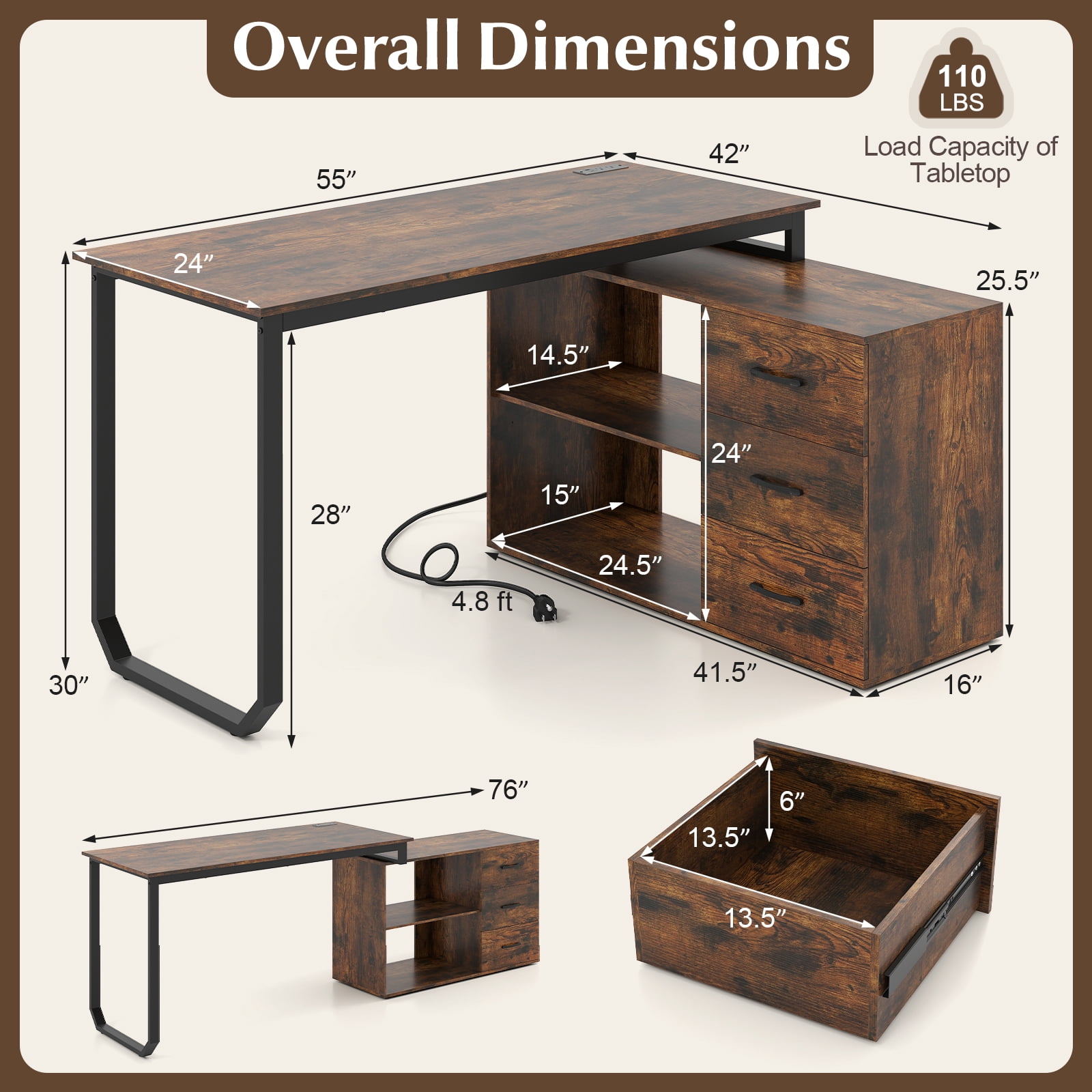 Costway L-Shaped Desk with Power Outlet 55" Reversible Computer Desk with 3 Drawers Rustic Brown & Black