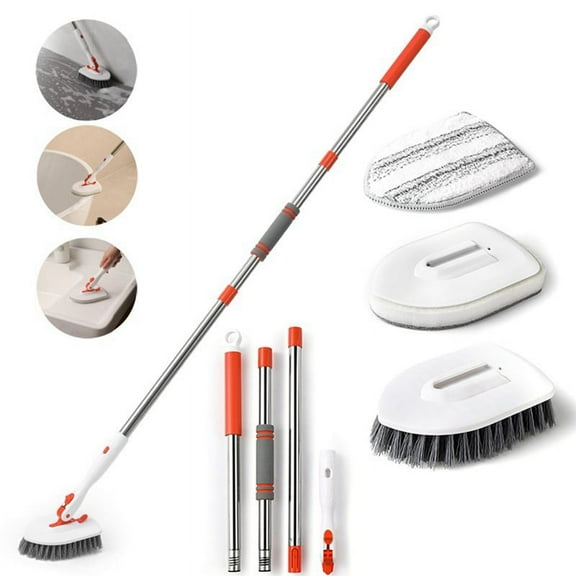 2 in 1 Tub Tile Scrubber Brush Cleaning Brush 180°Adjustable Telescopic Pole Stiff Bristles Scouring Pads Cleaning Tools,1 x Tub Tile Scrubber Brush 2 x scouring pad 1 x microfiber mop,White
