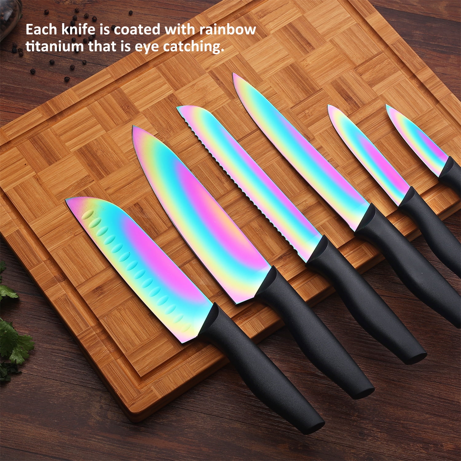 Knife Set with Block, Marco Almond 14 Piece Rainbow Titanium Knife Block  Set, KYA25 Cooking Steak Knives set with Black Handle, Chef Knife Sets for