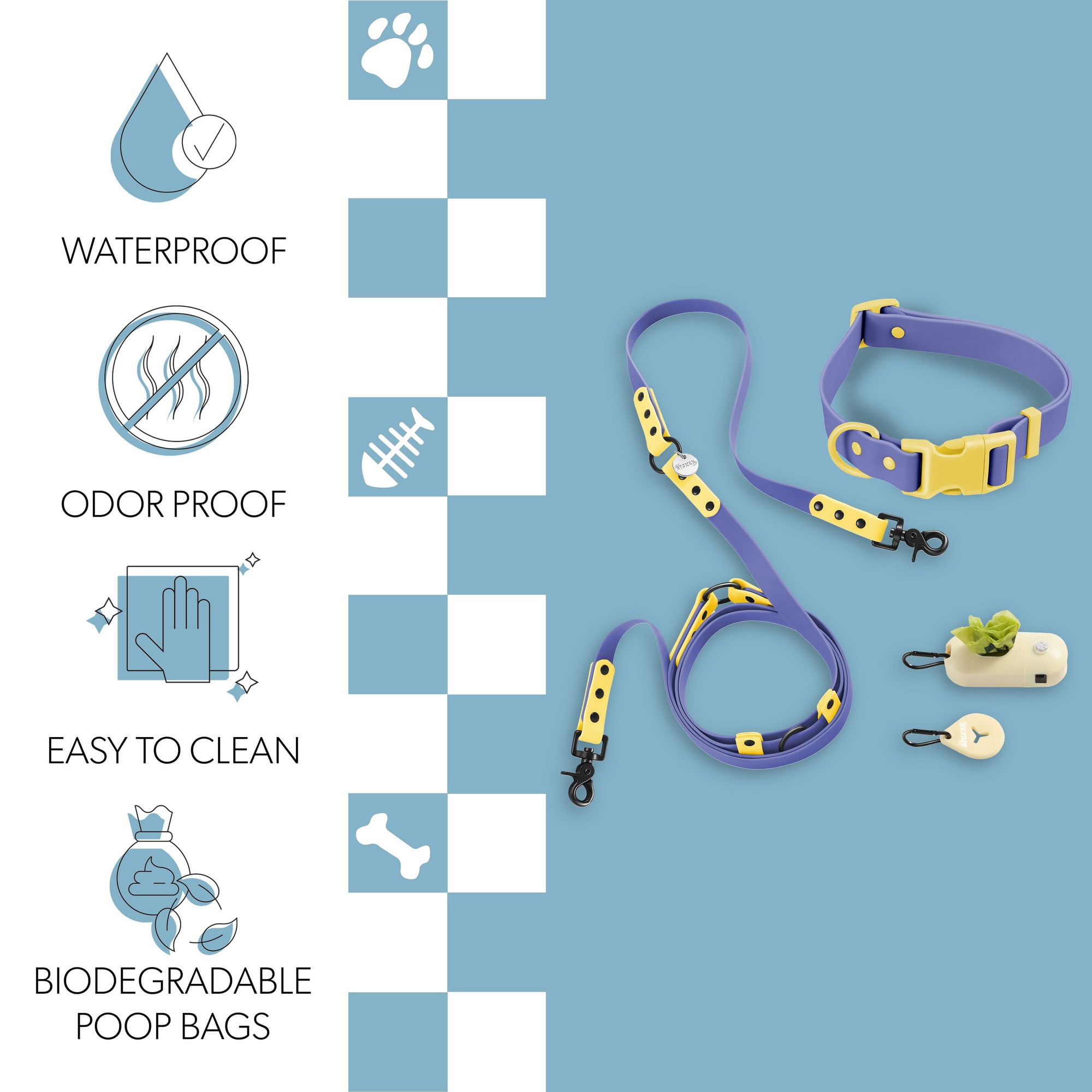 THE LICKER STORE Luna Large 8FT Adjustable 6-in-1 Waterproof Hands-Free Leash and Collar with LED Flashlight, Bag Dispenser, and Poop Bag Holder, Dark Blue/Yellow, WLK1006C-5SET