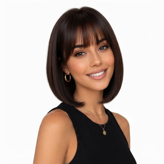 short brown bob wig bangs synthetic wig natural looking hair wig women straight bob hairstyle short hairpiece fashion wig daily wear party costume wig heat resistant appearance lightweight