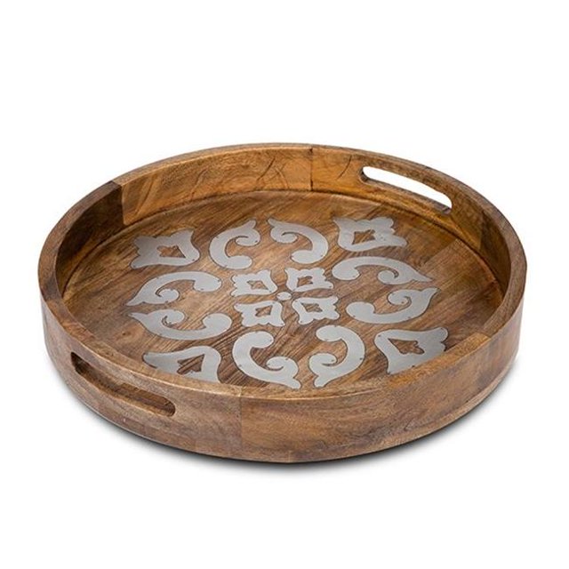 GG Collection 93539 Plateau Rond en Bois et Métal de 20 Po
