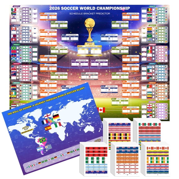 2026 World Soccer Cup Extra Large Schedule Poster 43"x32", 2Pcs Merchandise with 600 Team Stickers and Predict Champion Poster, Tournament Wall Chart for Soccer Fans Gifts Party Decorations