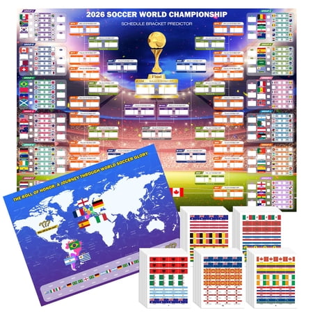 2026 World Soccer Cup Extra Large Schedule Poster 43"x32", 2Pcs Merchandise with 600 Team Stickers and Predict Champion Poster, Tournament Wall Chart for Soccer Fans Gifts Party Decorations