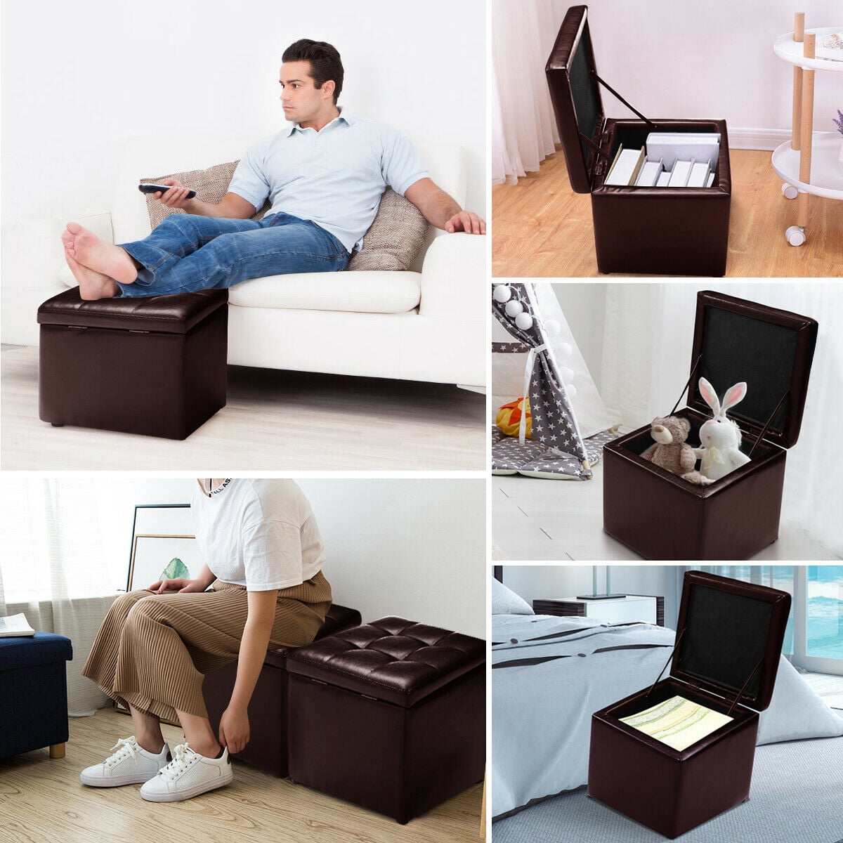 Costway 16''Cube Ottoman Pouffe Storage Box Lounge Seat Footstools with Hinge Top Red Brown