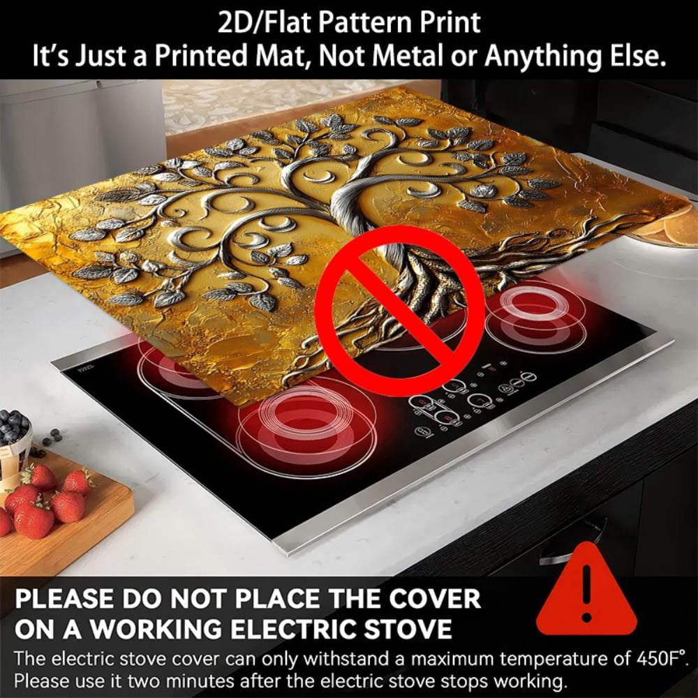1 2D/flat stove cover protection pad, with a gold base and silver decoration crescent-shaped curve tree pattern design, 28.3x20.5 inches (72×52cm), easy to clean, perfectly suitable for any kitchen,