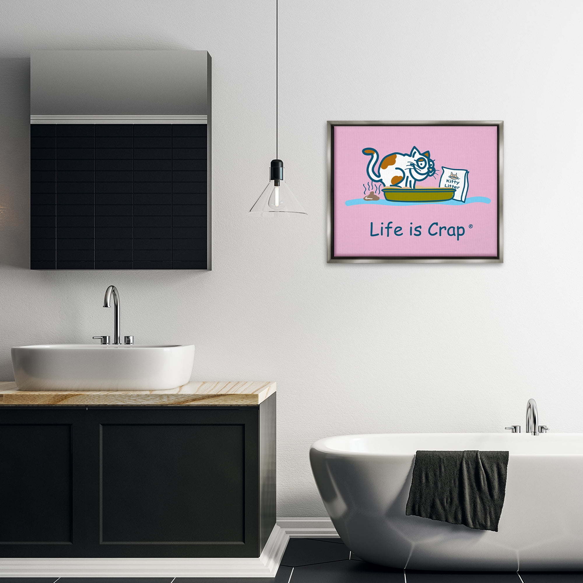 Stupell Industries Kitty Litter Funny Novelty & Humor Painting Gray Floater Framed Canvas Art Print Wall Art, 31 x 25