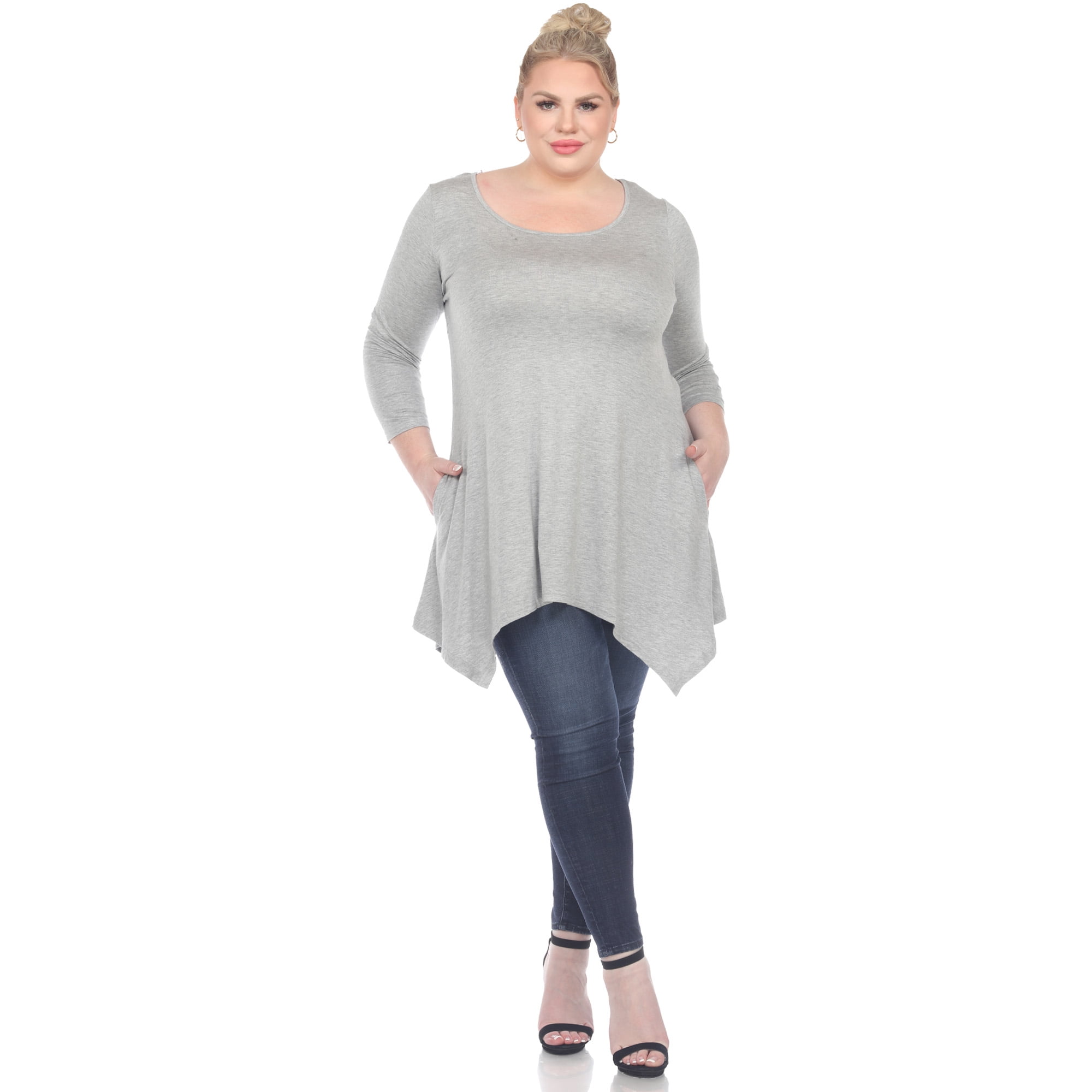 White Mark Women's Plus Size Quarter Sleeve Solid Sharkbite Tunic Top