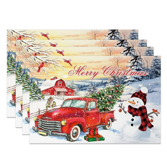 SUNOLIFE Christmas Snowman Placemats Set of 4,Winter Truck Xmas Tree Table Place Mats 12x18 inch