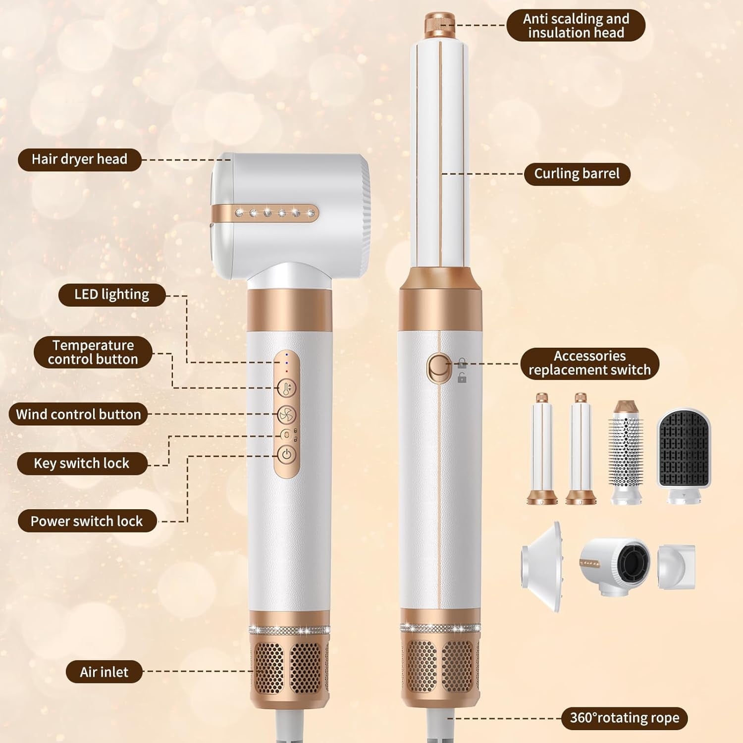 Blow Dryer Brush, 7 in 1 Hair Dryer Brush Blow Dryer with 110000PRM High-Speed Negative Ionic, Multistyler Hair Styling Tools with Curling Wand Straightener Brush Volumizer, Auto Air Curler