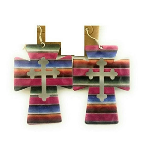 Womens Earrings Serape Cross Aztec Cut Out Jewelry 2.5" Pink Blue Green