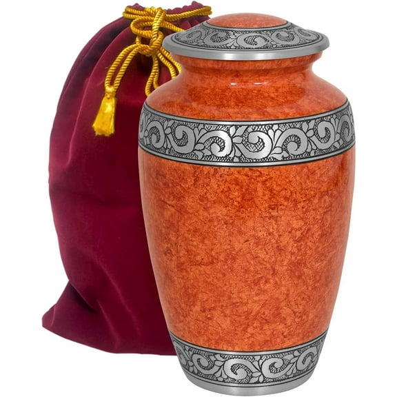 Elegant Hand-Engraved Orange Cremation Urn for Human Ashes | Large Capacity Metal Funeral Urn (200 lbs) | Decorative Silver Band Memorial