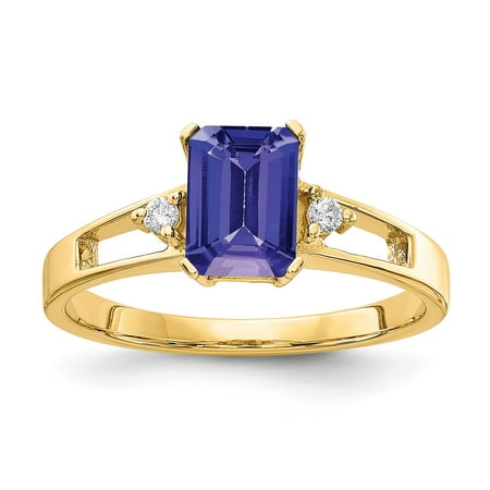 Solid 14k Yellow Gold 7x5mm Emerald Cut Tanzanite Blue December Gemstone Diamond Engagement Ring Size 8 (.04 cttw.)