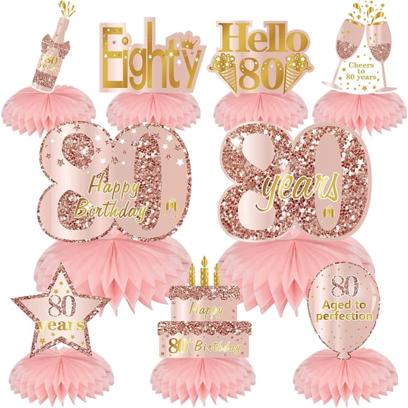 Turypaty Pink Rose Gold 80th Birthday Honeycomb Centerpieces Decorations for Women, 9Pcs Happy 80th Birthday Table Centerpieces Party Supplies, Eightieth Year Old Birthday Table Toppers Decor