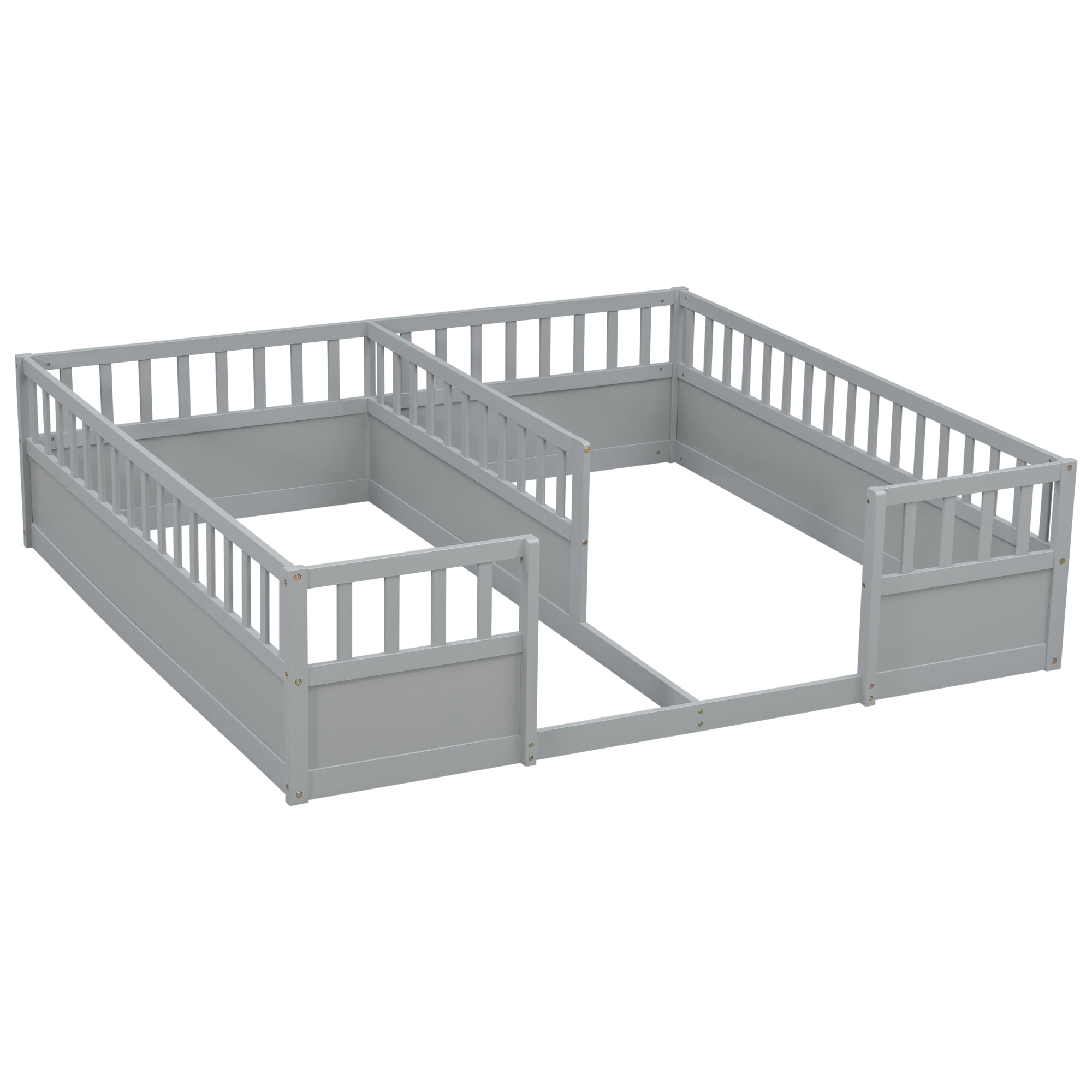 Leumius Double Pine Wood Twin Floor Bed with Semi-Enclosed Safety Guardrails, Open Entrance for Kids Bedroom Grey