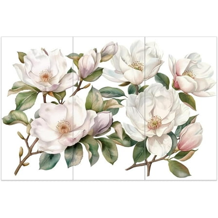 3pcs/Set White Magnolia Rub on Transfers for Crafts and Furniture 6x12 Inch Magnolia Flower Cluster Transfer Stickers Plant Theme Wall Art Decals for Wood Furniture Scrapbooking Home Decor for DIY