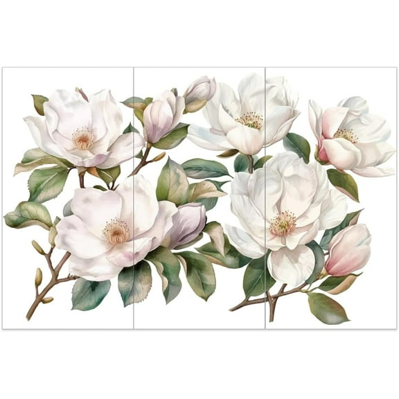 3pcs/Set White Magnolia Rub on Transfers for Crafts and Furniture 6x12 Inch Magnolia Flower Cluster Transfer Stickers Plant Theme Wall Art Decals for Wood Furniture Scrapbooking Home Decor for DIY