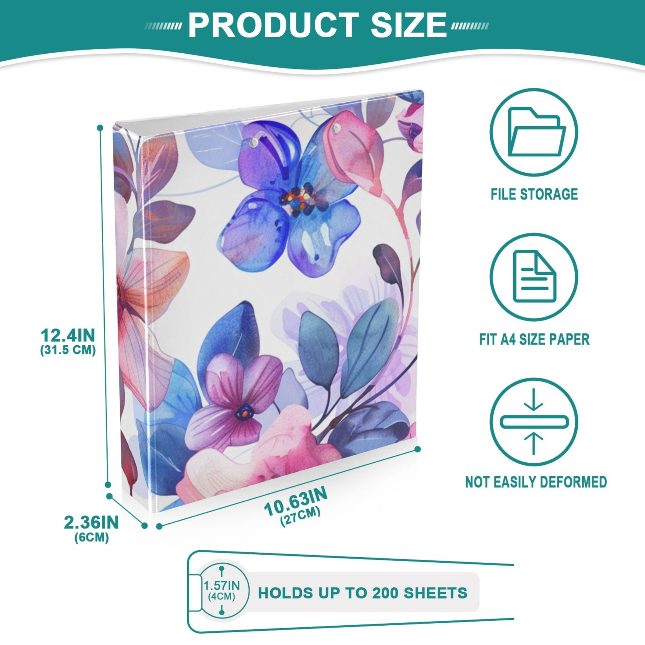 Flowers Colorful 3 Ring Binders 1.5 inch Hardcover File Folders with Interior Pockets A4 Size Organizer for School Office Hospital Set of 2